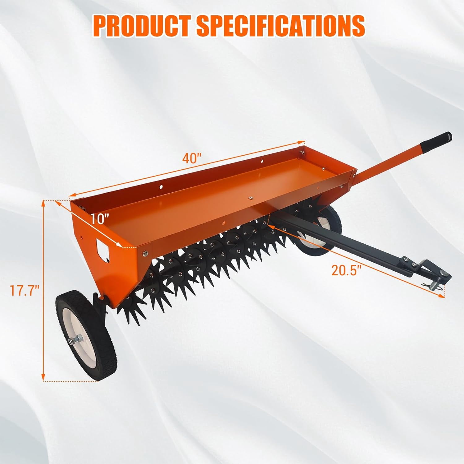 M optimized 40" Tow Behind Plug Aerator with Transport Wheels, Steel Teeth, Tray, Pull Behind Aerator with Adjustable Handle for Farm, Lawn, Garden