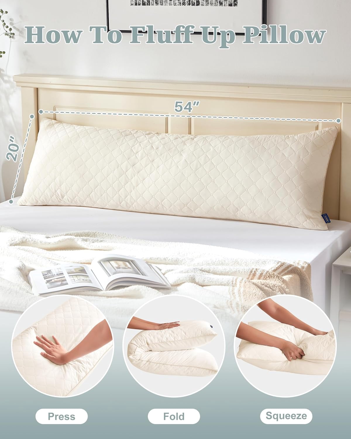 Parojati Long Body Pillow for Adults - Firm Body Pillow Insert with Shredded White Memory Foam, Adjustable Height, Soft Support for Side Sleeping, Pregnant Women, Washable (Beige, 20x54 inch)