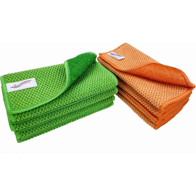 16 Pack Microfiber Scrub Dish Cleaning Cloth, Non-Scratch, Reusable & Durable for Pan Pot Dish Cooktop Stovetop Counter Kitchen Household, Machine Washable, 6 x 6 Inch, Orange & Green Assorted
