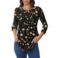 thumbnail image 5 of Xyxonk 3/4 Length Sleeve Womens Tops Crew Neck Floral Printed Tunic Tops Loose Fit Plus Size Pleated 2025 Trendy Tee Tops Saffron S, 5 of 5