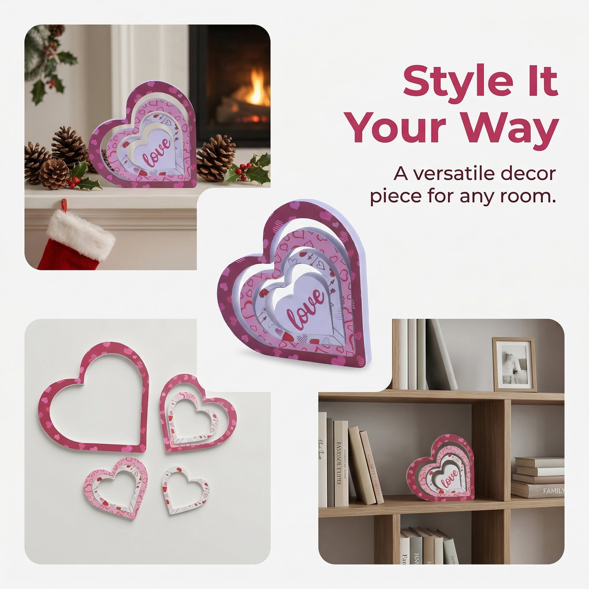 Unique Bargains Wooden Heart Table Decor Removable Stackable Heart Sign Style A 5.1in