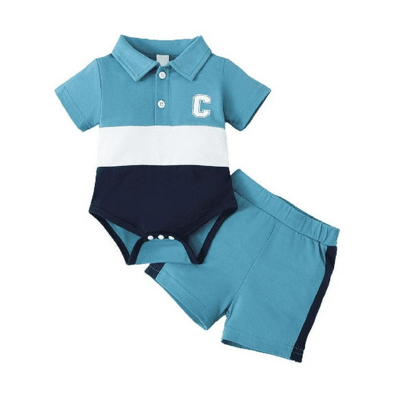 Mikrdoo Newborn Baby Boys Summer Outfits "C" Print Splice Turn-down Collar Romper Summer Elastic Shorts 2Pcs Clothes Set Blue 0-1 Months
