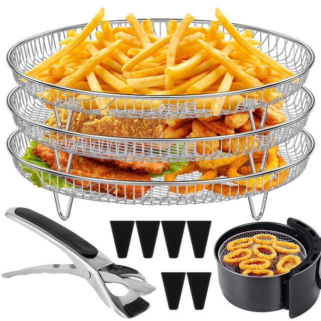 3 Layer Air Fryer Stackable Dehydrator Racks Stainless Steel Air Fryer Basket Tray Air Fryer Accessories Dishwasher Safe Fit for Oven and Press Cooker Compatible with Most Air Fryer