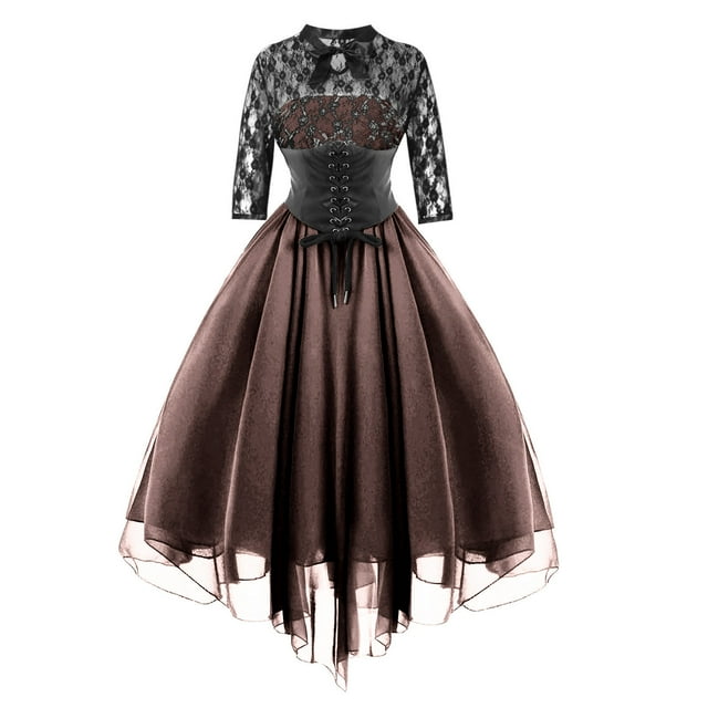 Pisexur Robe Gothique pour Femme Robe Médiévale Renaissance Manches 1/2 Col Rond Dentelle Chiffon Costume Vintage Tunique à Cordon Robe de Cocktail Robe Fluide de Soirée Robe Midi