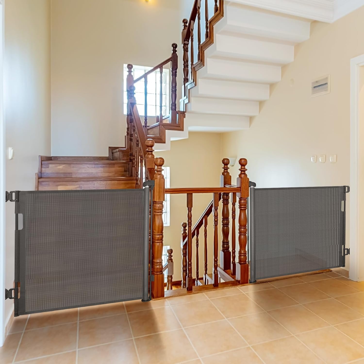 Retractable Baby Gate for Stairs – 33” Height, Expands up to 55” Width – Safety Gate for Infants, Toddlers, Dogs & Pets – Easy Install, Secure Closure, Gray Mesh Design for Indoor & Outdoor Use