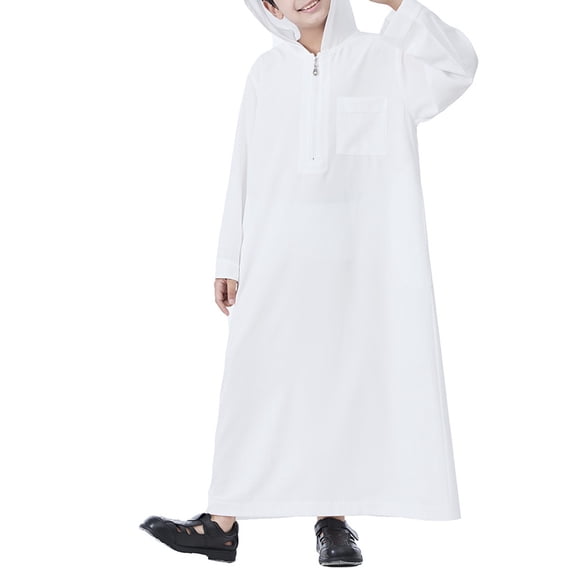 Otqutp Hooded Thobe for Boys, Long Sleeve Ramadan Muslim Outfits Half Zip Kaftan Robe with Pocket Kids Solid Arabic Clothes