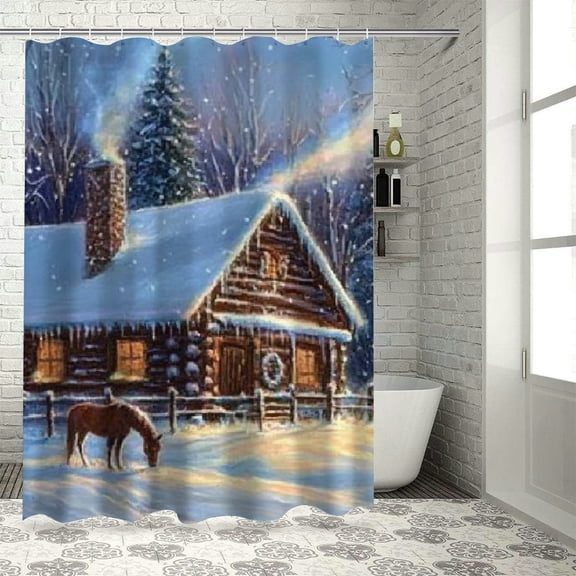 SHERONV Horses Snow Cabin Shower Curtain 100% Polyester Chic Decor 36"x72