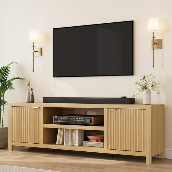 EcoSummer Fluted TV Stand for 80 Inch TV, 70" Modern Entertainment Center with Storage, Wooden Media Console Cabinet with Fluted Doors & Gold Handles for Living Room Bedroom, Natural Oak