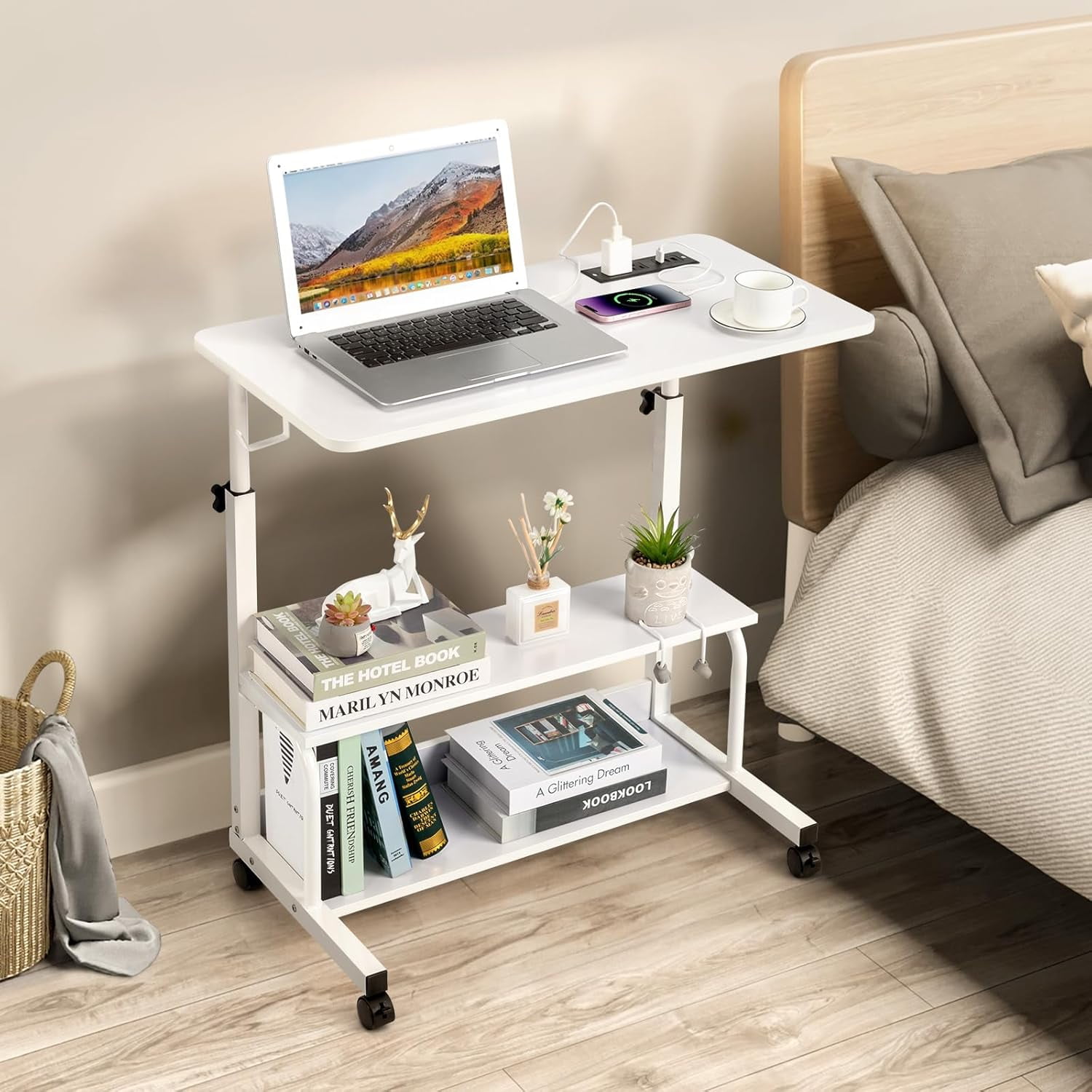 FCH 31.5" Mobile Small Standing Desk, Adjustable Height Mobile Computer Desk, w/2 AC Outlets + 3 USB Ports & Hooks, Storage Shelves, Suitable for Gaming, Studying, Home Office, White
