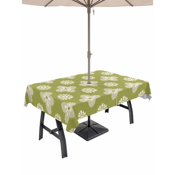 Outdoor Tablecloth with Umbrella Hole and Zipper, Sage Green Floral Rectangle Table Cloth 60x102 Inch Waterproof Tablecloth, Spring Flowers Modern Abstract Art Farmhouse Picnic Table Cover for Patio