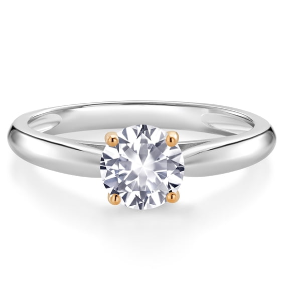 Gem Stone King 1.00 Ct Round White Created Sapphire 10K White and Yellow Gold Solitaire Engagement Ring (Size 7)