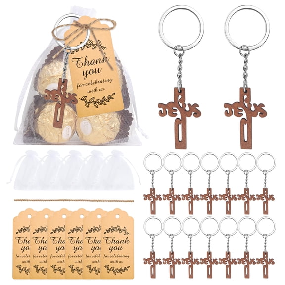 20 Pcs Wooden Cross Keychain Set with "Thank You" Tags, Religious Gift for Baptism, Church Events, Christmas, Appreciation Gifts for Volunteers & Guests