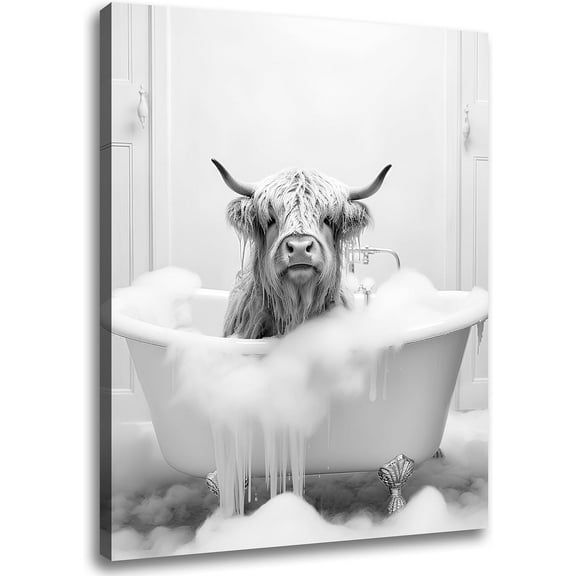 WFSposter Highland Cow in Bathtub Wall Art for Bathroom, Funny Animal Painting Pictures Canvas Wall Decor, Cute Animal Poster Art for Bathroom, Modern Wrapped Canvas Prints Ready to Hang 8"x10"