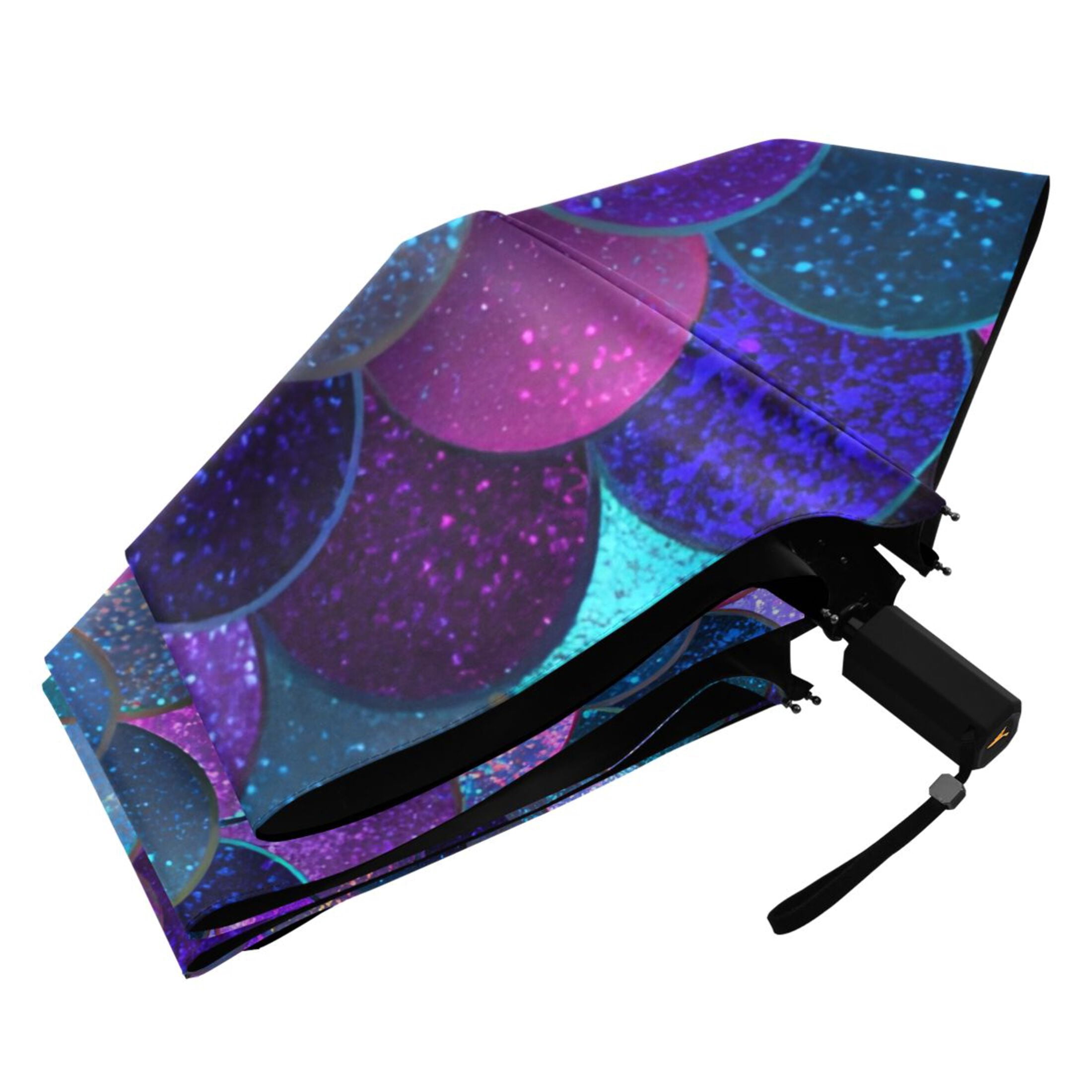 Purple Blue Mermaid Scales All Weather Umbrella Triple Folding Parasol 6 Ribs UV Protection Portable