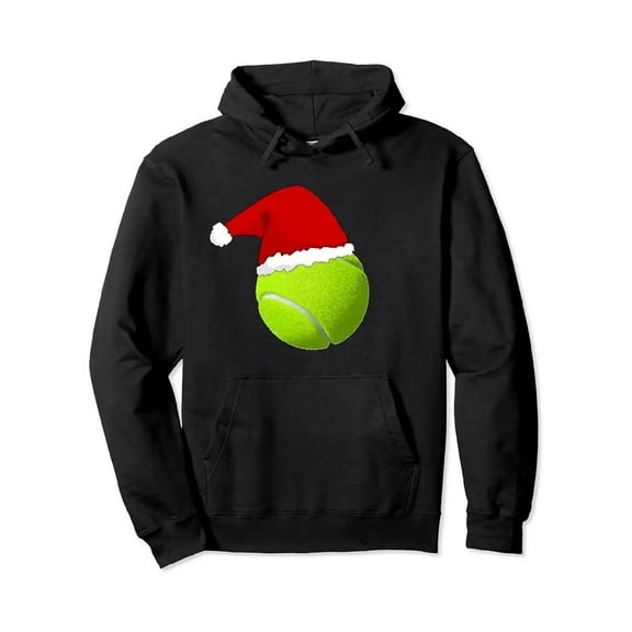 Men'S & Women'S Funny Christmas Tennis Ball Santa Hat Hoodie - Black with Neon Green & Red Print, Hooded Pullover Sweatshirt with Pocket, Machine Washable Casual Winter Wear for Tennis Parties, Holid