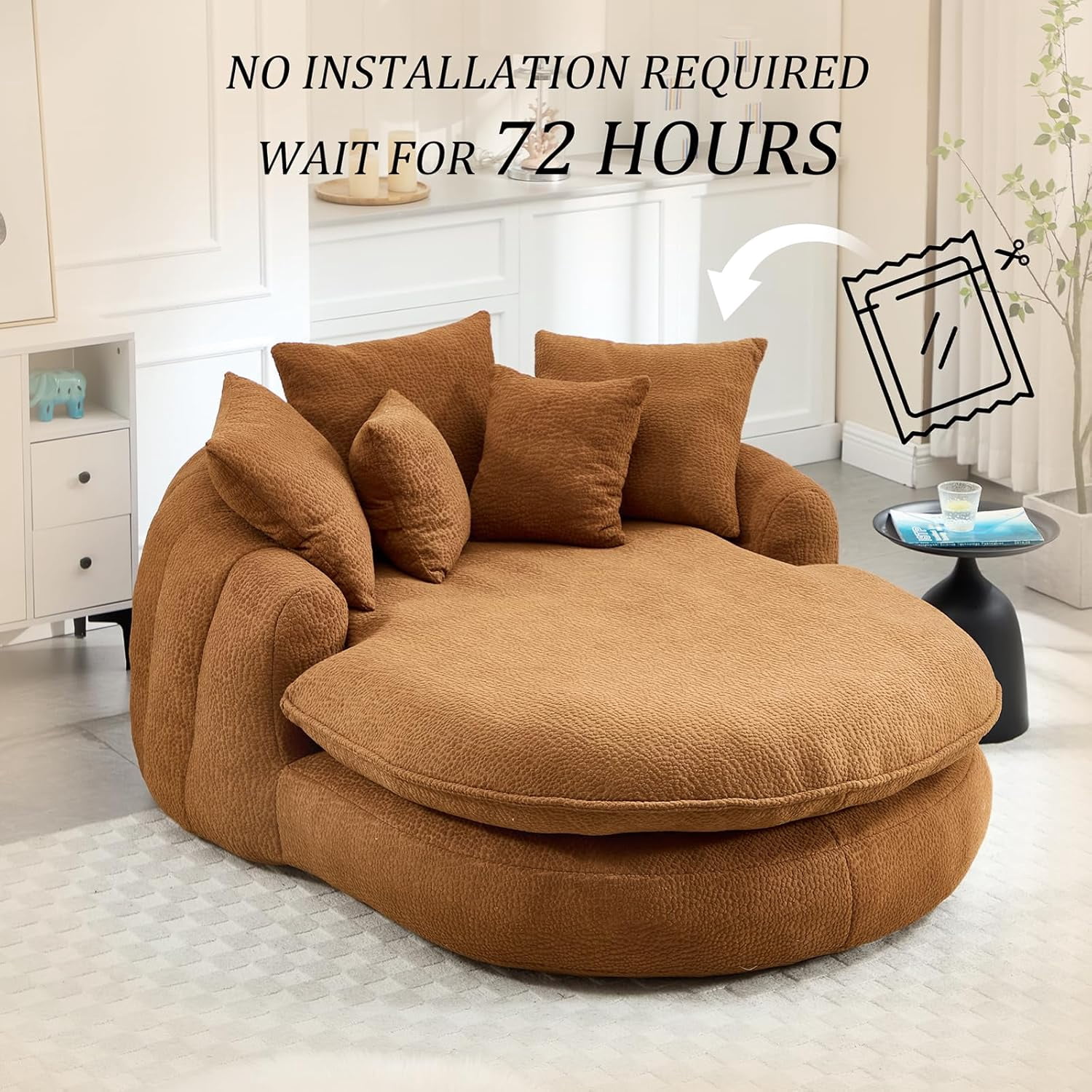 AENKYO Oversized Chenille Bean Bag Sofa with 5 Pillows, Oval Lazy Floor Sofa with Wraparound Backrest for Adults-Brown