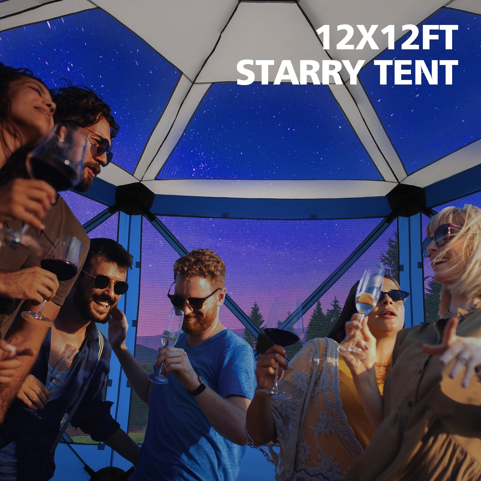 SANOPY 12'x12' Pop up Gazebo with Starry Sky Covered Gazebo 6-Sided Mosquito Netting and Sidewalls Pop up Screen Gazebo Tent Camping Gazebo Instant Shelter for Deck and Lawns, Blue