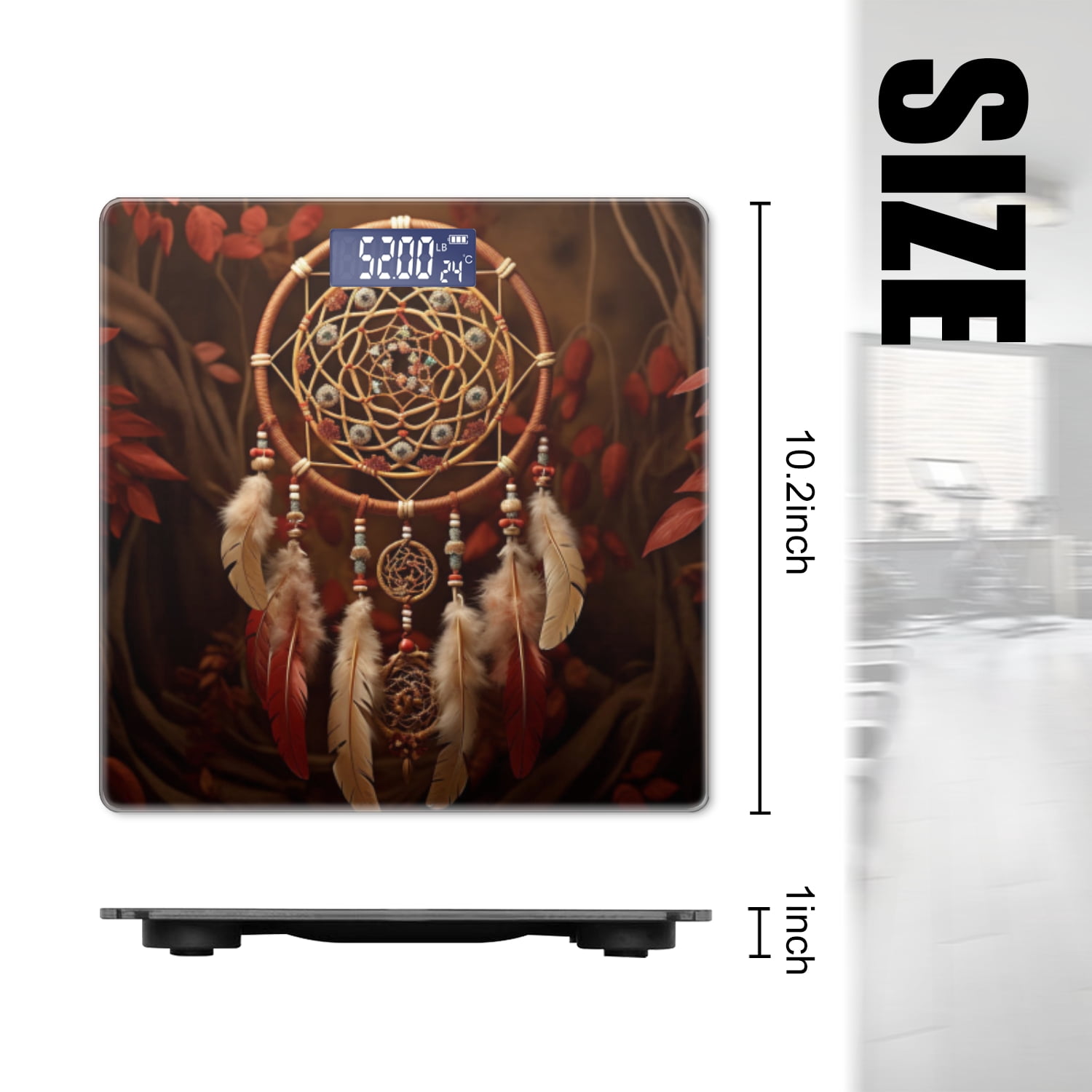 Bathroom Scale, Highly Accurate Digital Body Scale,Precisely Measures Weight up to 400 lbs-Dreamcatcher With Feathers And Beads On Brown Background