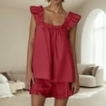 thumbnail image 2 of VNKIDY Women's Pajama Sets 2 Piece Outfits Sleeveless Sleepwear Ruffle Crop Tops Casual Shorts Loungewear Homewear Solid Color Classic Nightwear, 2 of 6