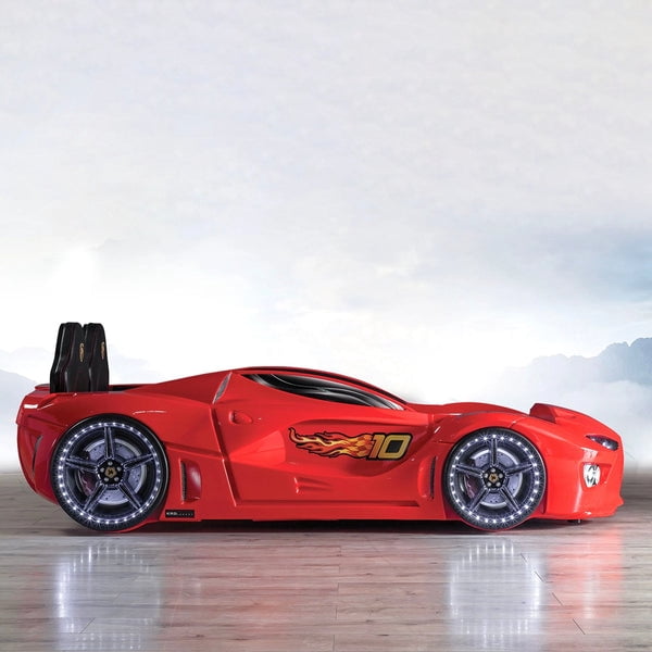 GTM Twin Race Car Bed for Kids with LED Headlights, Sound FX, Remote Control and Realistic Design, Sturdy and Fun Sleep Solution