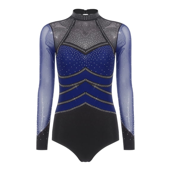 Aislor Womens Sheer Mesh Rhinestones Gymnastics Leotard Long Sleeve Ballet Dance Bodysuit Stage Dancewear Navy Blue M