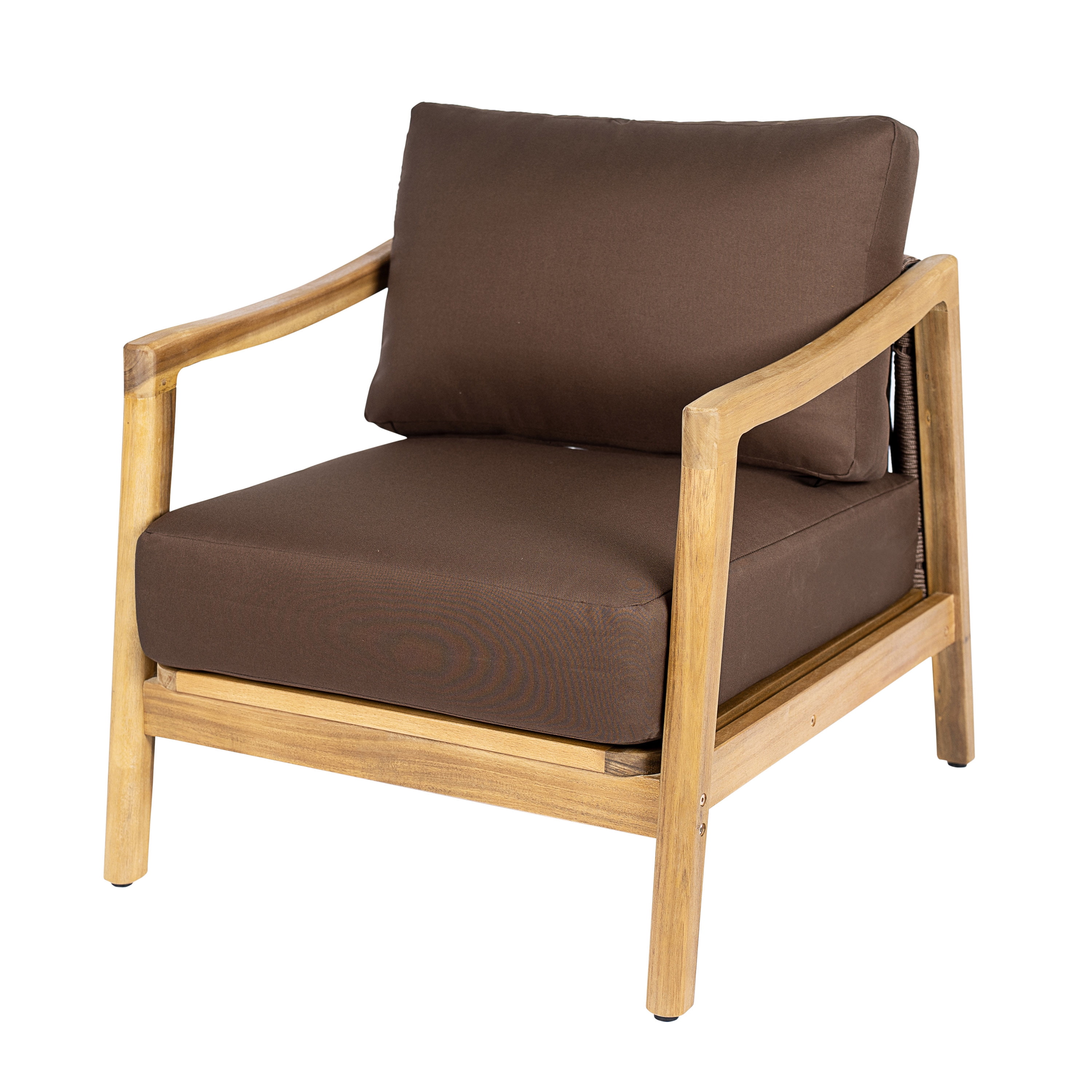 Club Chair, Outdoor Acacia Wood Frame Chair with Rope Back Detail Water-Repellent Brown Cushions, Teak