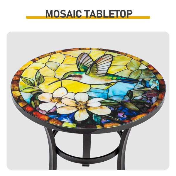 19.5 inch Side Table, Round Iron Top with Tripod Legs, Indoor Outdoor Accent End Table, Hummingbird Mosaic