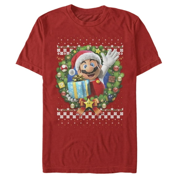 Men's Nintendo Ugly Christmas Mario Wreath Graphic Tee Red 2X Large