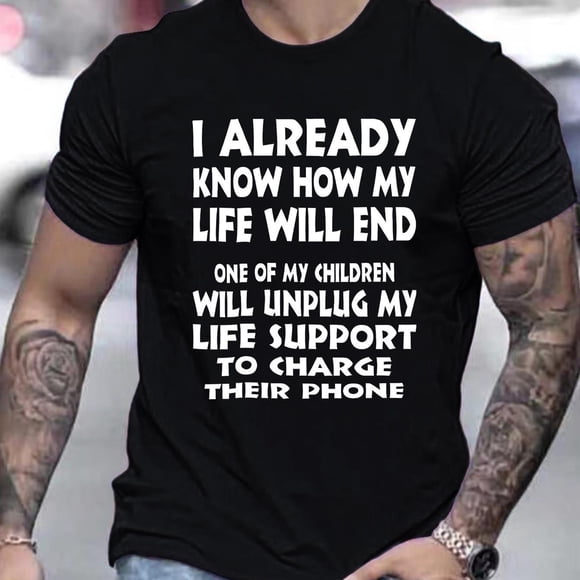 Mens Funny Life Support T-Shirt For Dad Casual Black Shirt With White Text, Crew Neck, Medium Stretch Fabric, Perfect For Everyday Wear, Comfortable Fit, Printed, All-Season, Regular Fit,