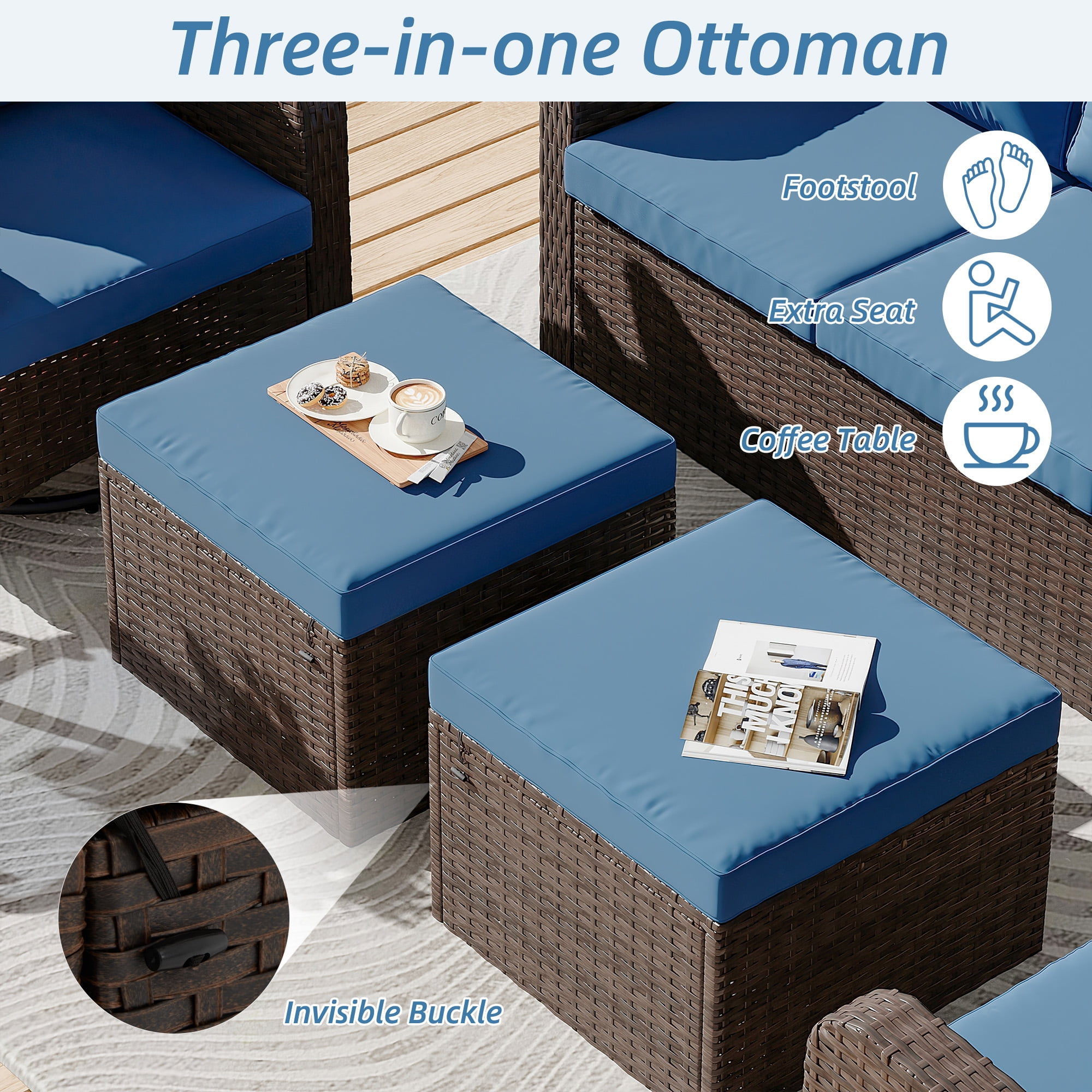 Homrest 6 Piece Patio Conversation Sets with Loveseat, Rattan Wicker Swivel Chairs with 2 Ottoman, Coffee Table & Cushions, Outdoor Furniture Sets for Garden, Poolside, Backyard (Navy)