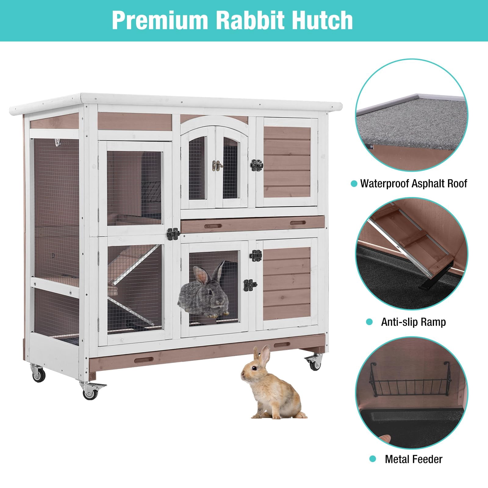 MEDEHOO 47" Two Story Rabbit Hutch with Wheels, Indoor Outdoor Bunny Cage Guinea Pig Cage, 2 Deep No Leak Trays Included, Brown