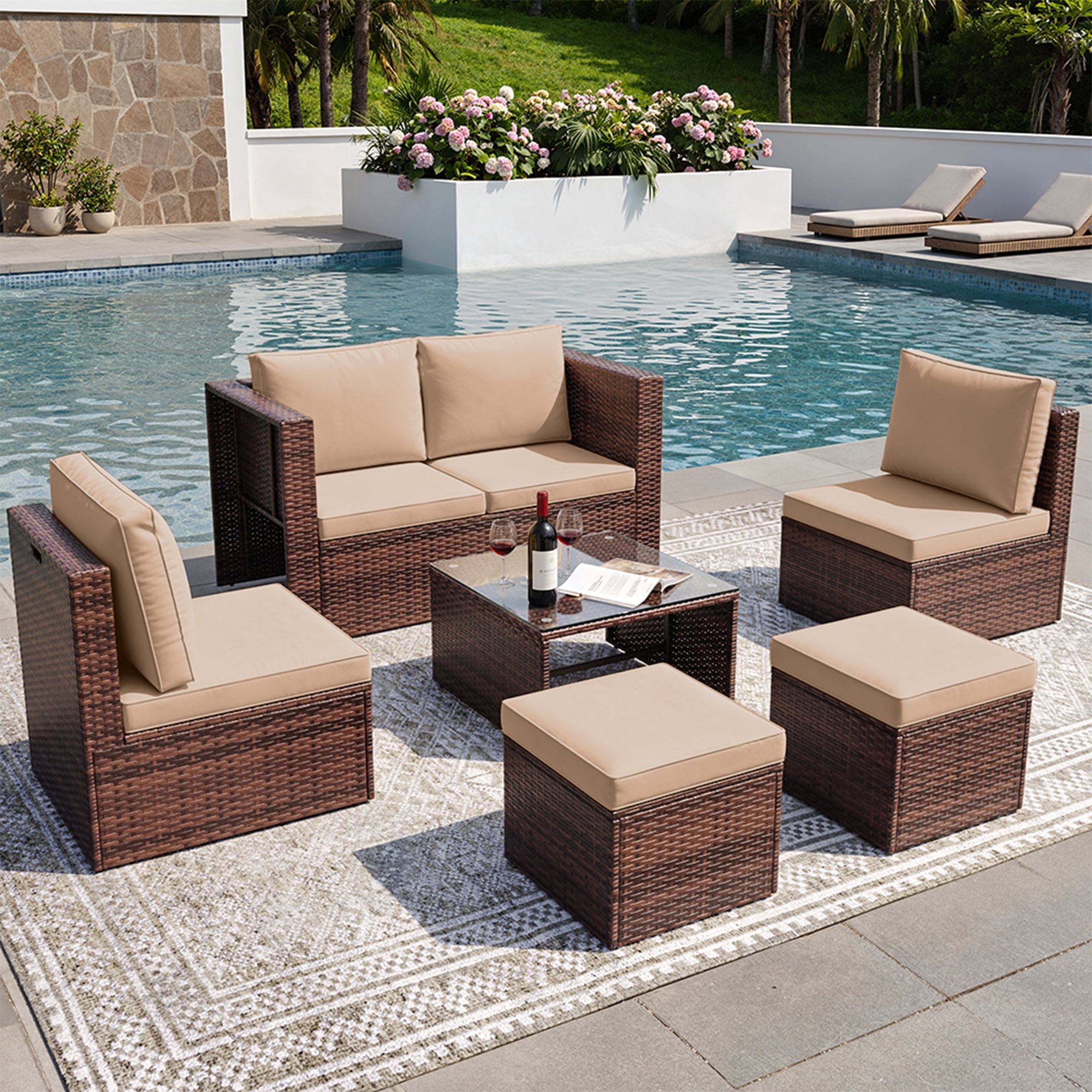 POTEBAN 6-Piece Space-Saving Patio Furniture Set, All Weather Brown Wicker Rattan Sectional Sofa with 2 Ottomans, Outdoor Conversation Set for Garden, Backyard, Khaki Cushions