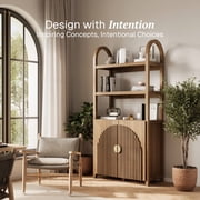BELLEZE Book Shelf 72 Tall Arched Bookcase With Storage, 3 Tier Mid Century Modern Bookshelf With Doors, Modular Bookshelves For Living Room Office Kids Room Library (Caramel Brown)