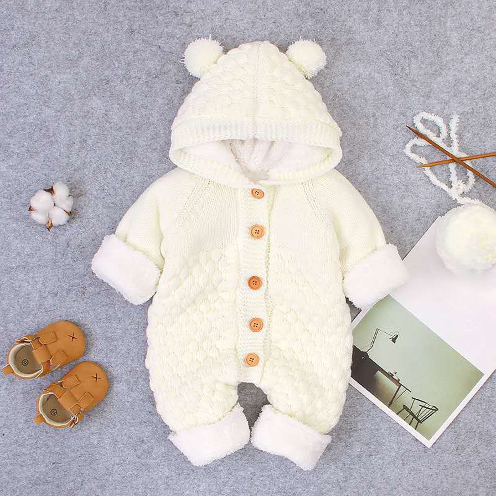 XYIJANI Clearance Newborn Onesies Children's Plush Jumpsuit Autumn/Winter Solid Color Cute Cartoon Buckle Up Knitted Climbing Suit Party Birthday Outing New Born Clothes Baby Girl (Beige,80)