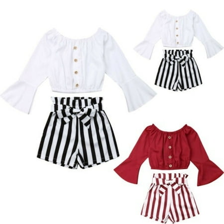 

Kids Toddler Baby Girl Long Sleeve T-shirt+Striped Short Pants Outfit Dresses