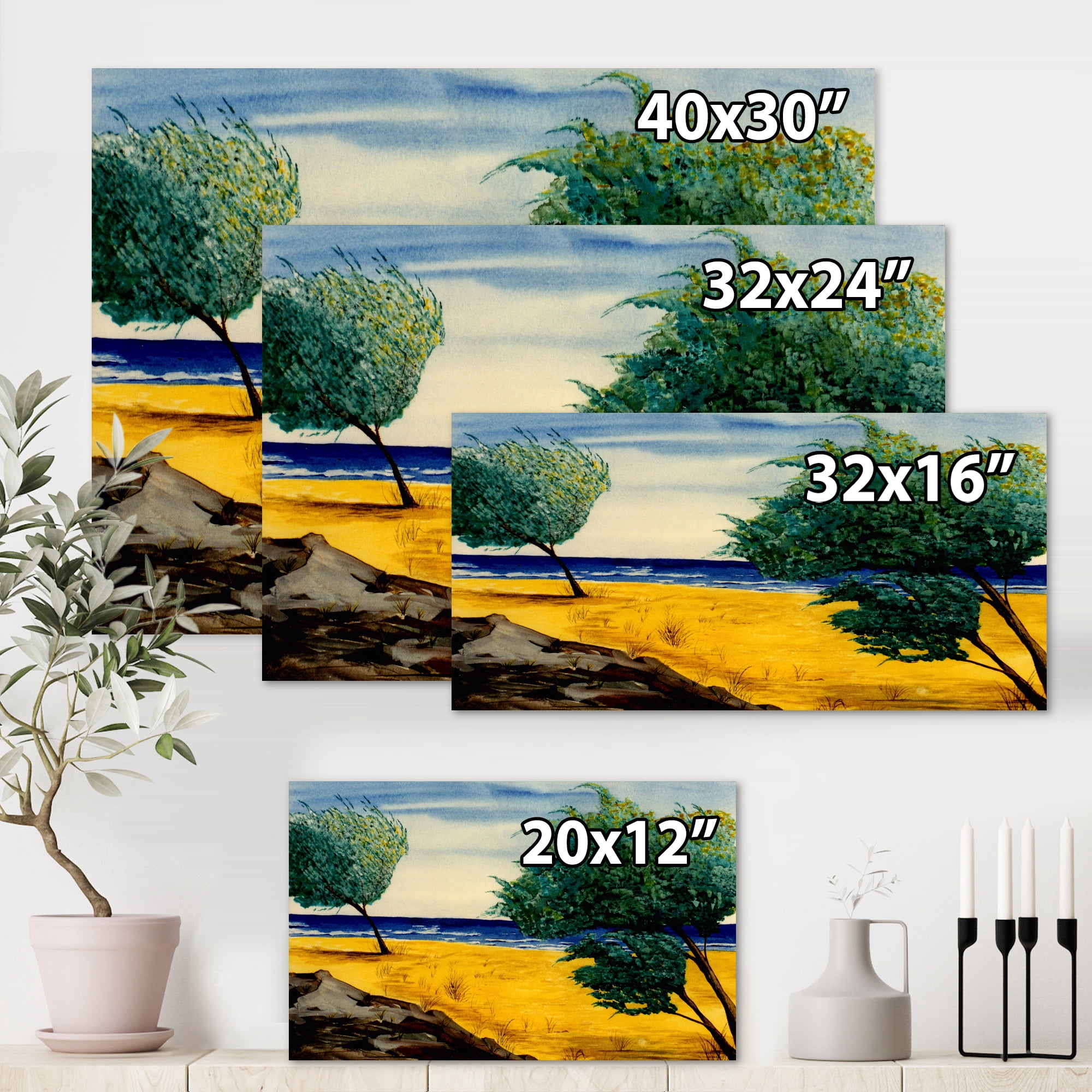 Blue Beach By The Coastline 40 in x 30 in Painting Canvas Art Print, by Designart