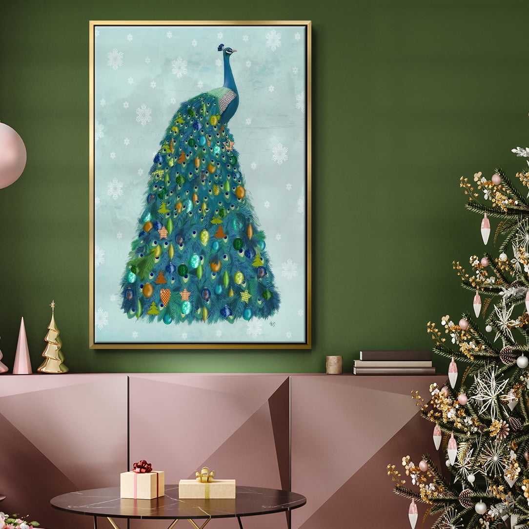 Christmas Peacock Christmas Tree - Framed Gallery Wrapped Holiday Canvas - 25 x 37 - Gold Frame