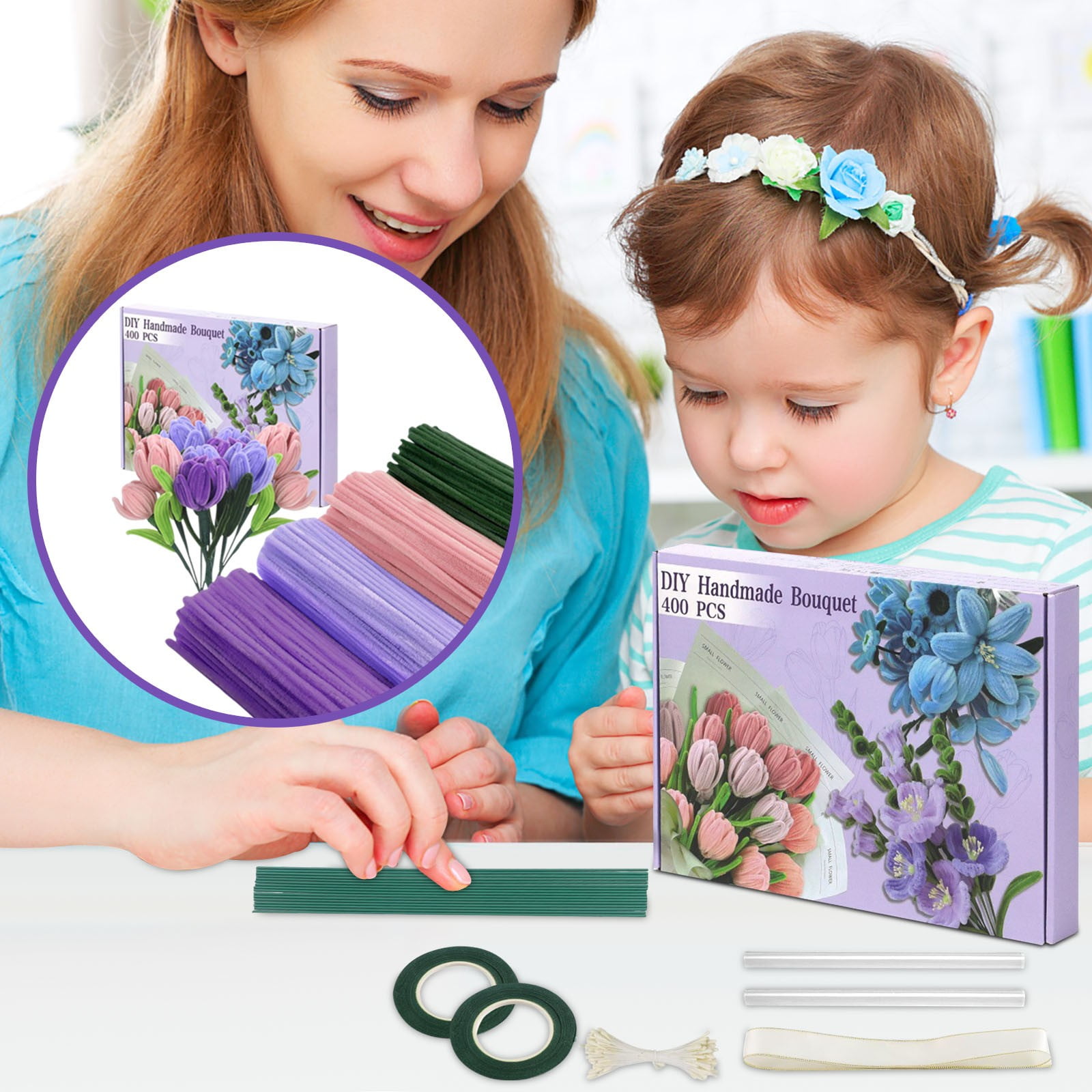 Pipe Cleaners 400-Piece Craft Kit with Assorted Colors,Flexible DIY Floral Stems for Handmade Bouquets,Long-Lasting Safe Materials for Crafting,Gifts,Decorations,and Creative Projects-A
