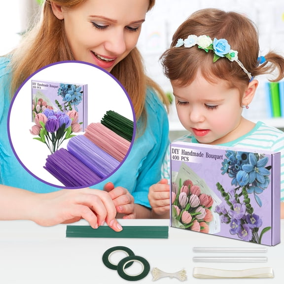 Pipe Cleaners Craft Kit with 400 Pcs Pipe Cleaners in 4 Colors, Floral Wires, Stamens, Glue Sticks & Ribbon for DIY Flower Making | Adult & Kids Craft Supplies