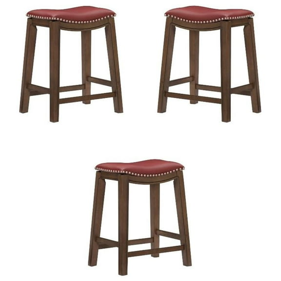 Pemberly Row 24" Faux Leather Saddle Counter Stool in Red - Set of 3