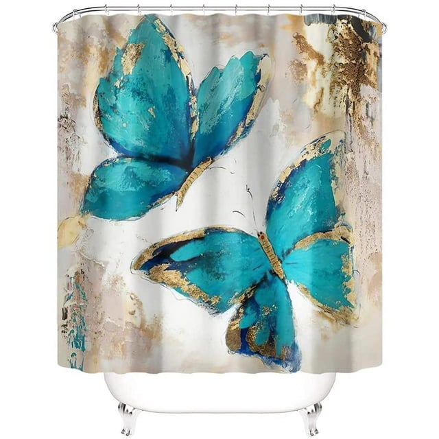 Cortina de ducha 3D de 180 x 180 cm, impermeable, de poliéster, con diseño de mariposas, efecto 3D, con gancho de plástico en forma de C para bañeras domésticas.