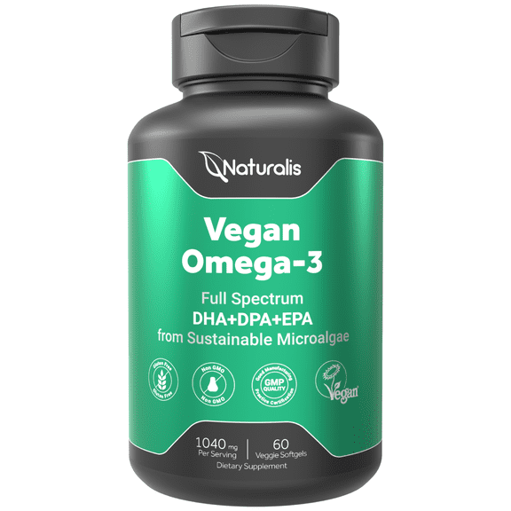 Naturalis【520mg Per Softgels】Vegan Omega 3 DHA, EPA & DPA from Algae | Vegan Society Certified, Sustainably Sourced, True Full Spectrum | 60 Veggie Softgels (Carrageenan Free)