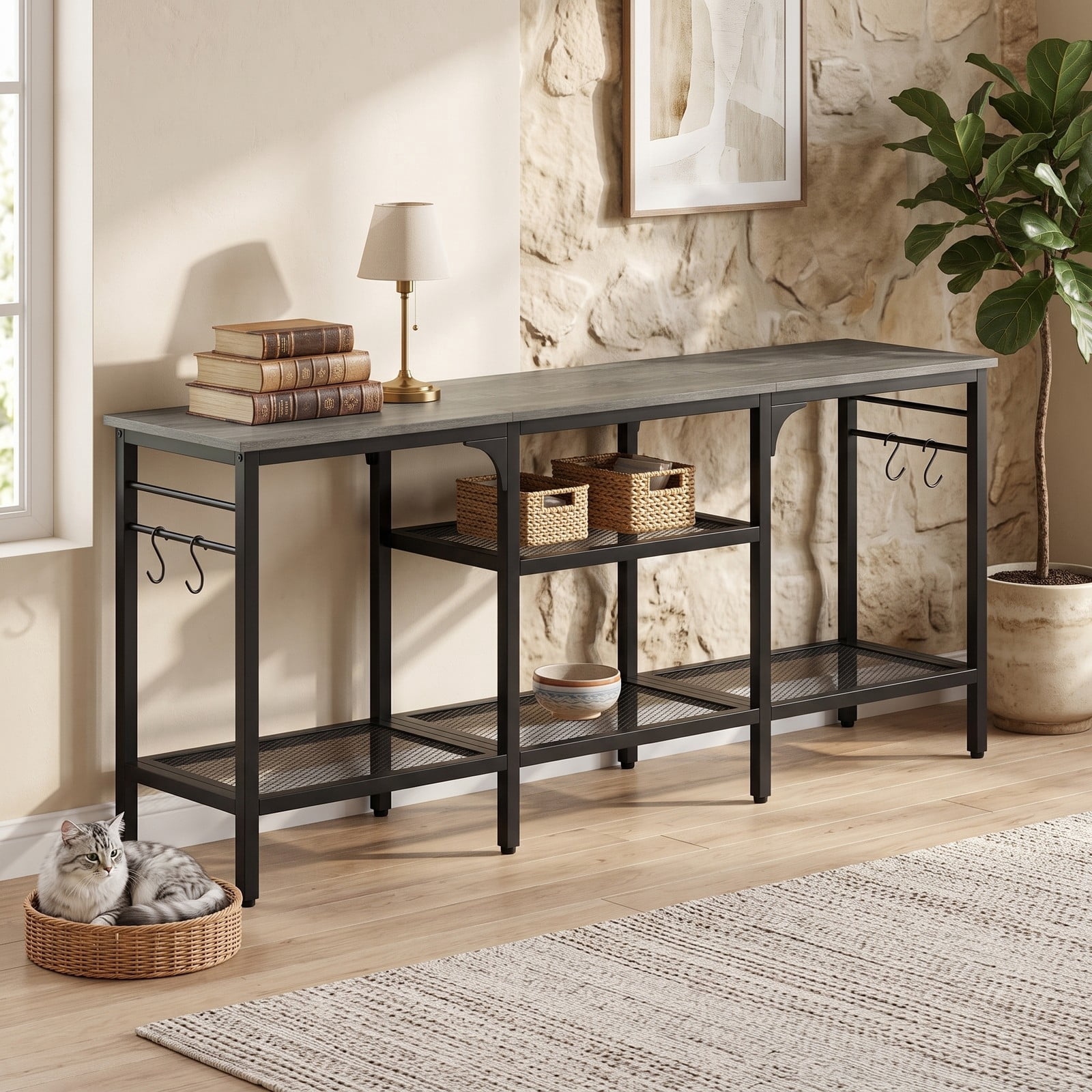 Furnibear TV Stand for TVs up to 65 Inch, 3-Tier Open Shelf Entertainment Center with 4 Hooks, Metal Frame Media Console Table for Living Room Bedroom, Oak & Black