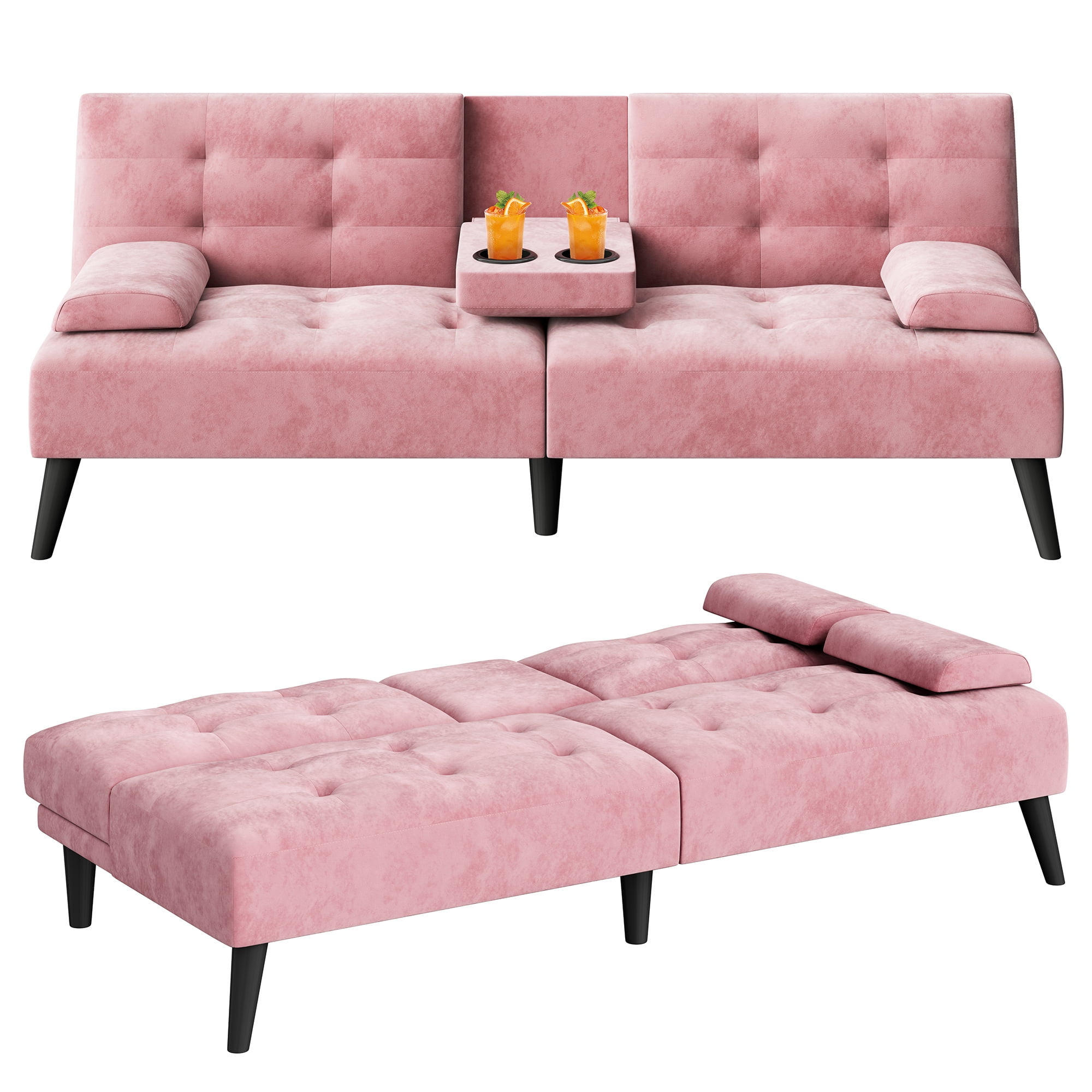 Walsunny 64" Sofa Bed Futon Couches, Folding Loveseat Recliner with 3-Angle Adjustment, Removable Arms 2 Cup Holders for Small Spaces,Pink
