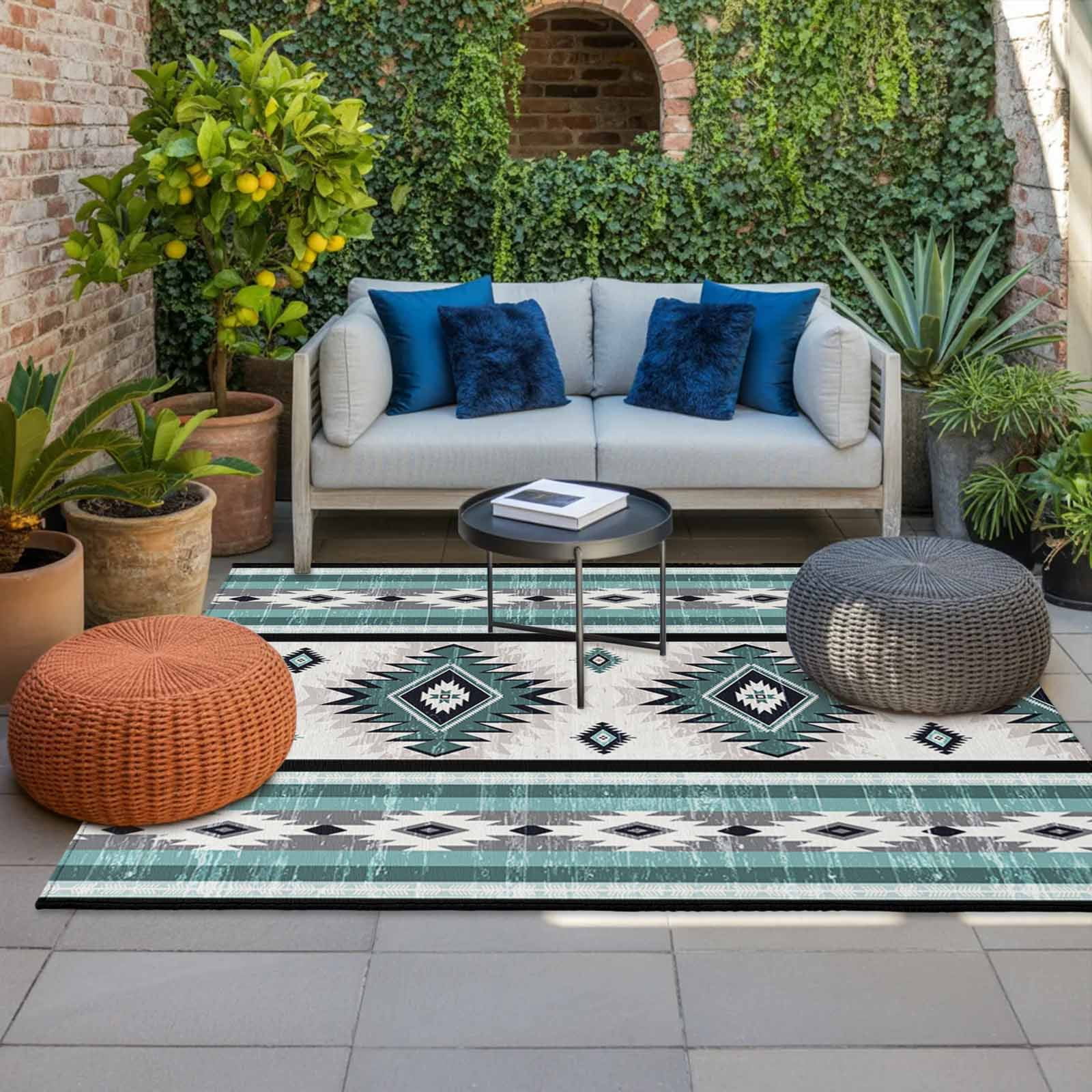 Turquoise Boho Outdoor Rug for Patio/Deck/Porch, Non-Slip Large Area Rug 5 x 8 Ft, Southwestern Ethnic Aztec Retro Geometric Indoor Outdoor Rugs Washable Area Rugs, Camping Rug Carpet Runner