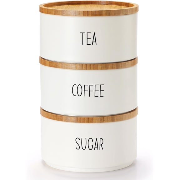 Perfnique Coffee Tea Sugar Container Set, Stackable Tea Coffee Sugar Canister Set with Bamboo Lids, Airtight Kitchen Canisters for Countertop, Farmhouse Food Storage Container (White)