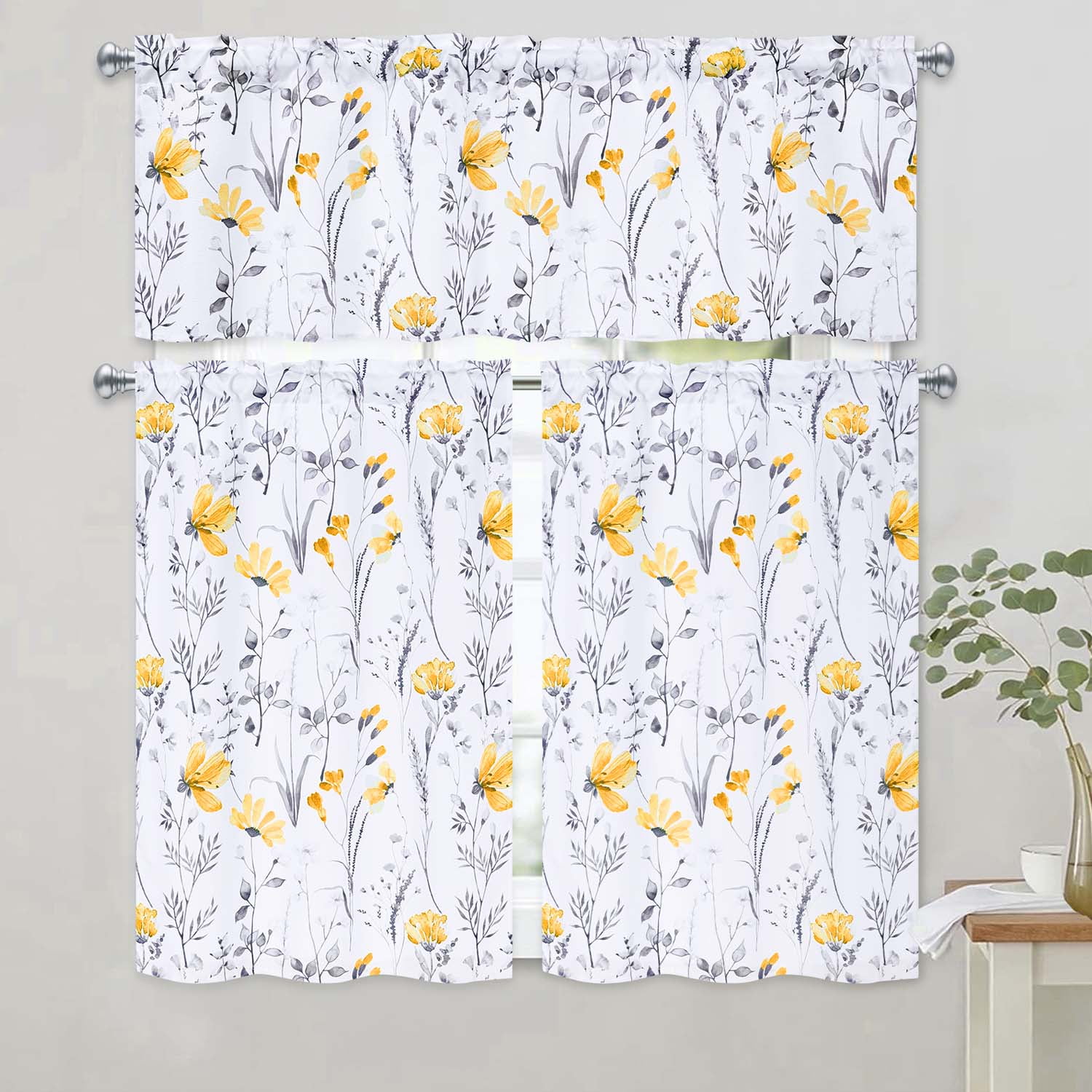 Alishomtll Kitchen Curtains Yellow Floral Light Filtering Small Window Kitchen Curtains Sets ,26"Wx36"L,2 Panels,Rod Pocket