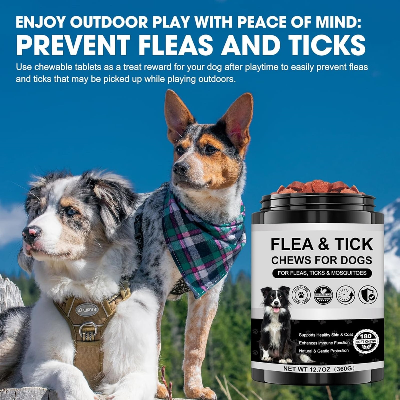 Demine Dog Flea and Tick Chewable Supplement – Natural Support for Skin & Coat Health, Seasonal Comfort & Itch Relief – 180 Soft Chews with Chicken Flavor for Dogs & Puppies