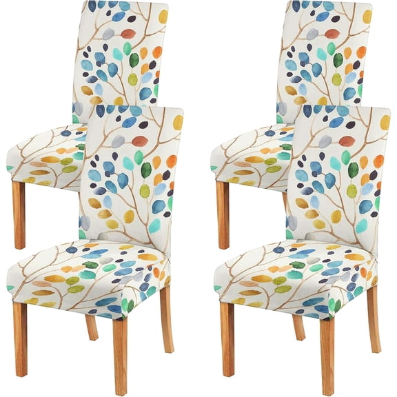 White Dining Chair Covers Set of 4,Color Leaves Stretch Parsons Chair slipcovers,Kitchen Spring Summer Decor Chair Seat Cover Protectors(Colorful Leaf,4 Pack)