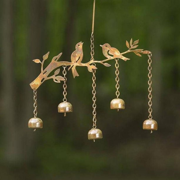 Happy Gardens Carillones de viento para pájaros con campanas – 5 campanas suspendidas con decoración de jardín de pájaros – Regalos al aire libre para el día de la madre y decoraciones de pa